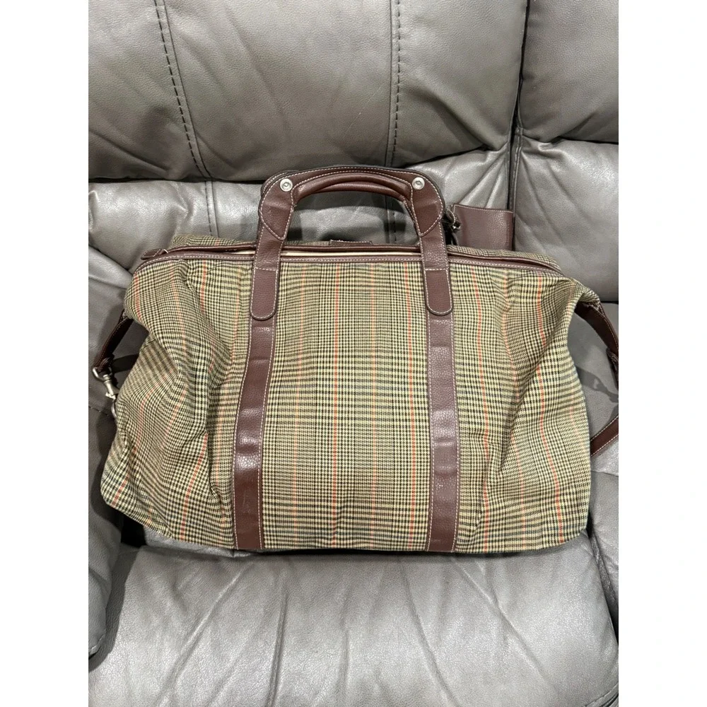Barrington Plaid Grammy Awards Duffel Bag Brown Leather Trim Travel Weekender
